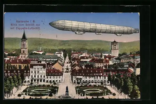 AK Karlsruhe i. B., Blick vom Schloss aus mit Zeppelin-Luftschiff