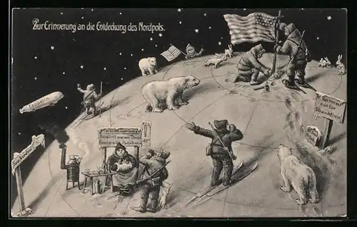 AK Erinnerung an die Entdeckung des Nordpols, Zeppelin und Eisbären