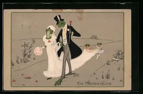 Künstler-AK Ein Herzensbund, Frosch vermähltes Hochzeitspaar mit Blumenkindern