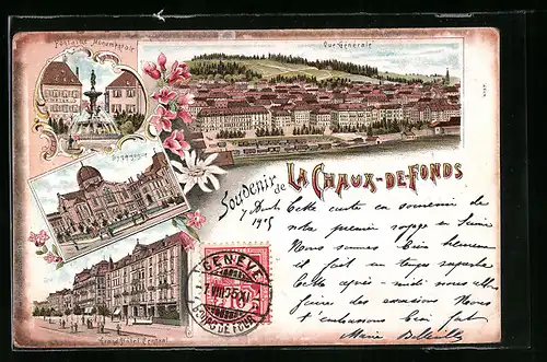 Lithographie La-Chaux-de-Fonds, Vue Générale, Fontaine Monumentale, Synagogue, Grand Hôtel Central