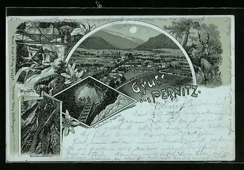 Mondschein-Lithographie Pernitz, Myrafälle, Steinwandklamm, Ausgang des Türkenlochs