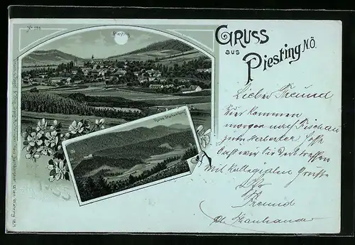 Mondschein-Lithographie Piesting, Totalansicht aus der Ferne, Ruine Sarhemberg