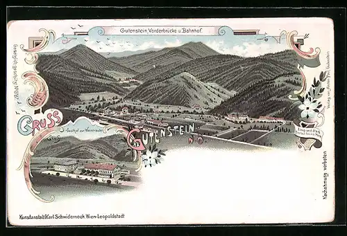 Lithographie Gutenstein, Gasthof zur Weintraube, Fernansicht mit Gutenstein, Vorderbrücke und Bahnhof