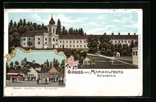 Lithographie Gutenstein, Wallfahrtskirche Mariahilfberg, Moser`s Gasthaus zum Bergmann