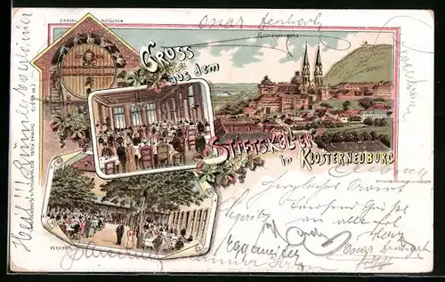 Lithographie Klosterneuburg, Fasselrutsch, Veranda, Totalansicht