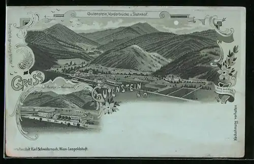 Mondschein-Lithographie Gutenstein, Gasthof zur Weintraube, Vorderbrücke und Bahnhof