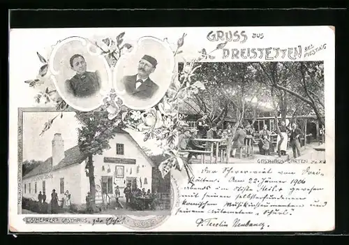 AK Dreistetten bei Piesting, L. Scherrers Gasthaus mit Garten