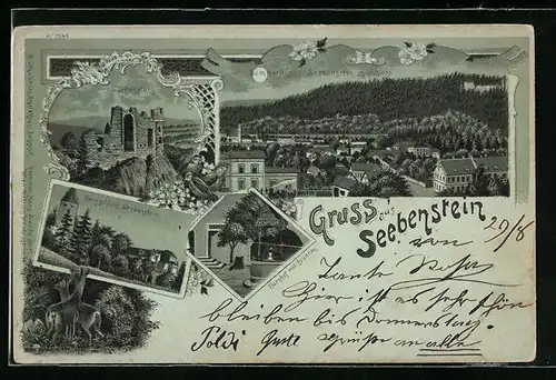 Mondschein-Lithographie Seebenstein, Türkensturz, Bergschloss, Burghof mit Brunnen