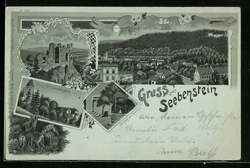 Mondschein-Lithographie Seebenstein, Türkensturz, Bergschloss, Burghof mit Brunnen