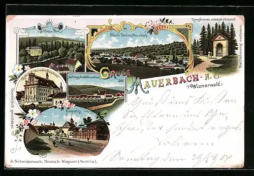 Lithographie Mauerbach im Wienerwald, Schloss und Park, Kreuzbrunnen, Kirche, Hauptplatz