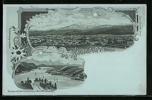 Mondschein-Lithographie Klagenfurt, Totalansicht mit Wörthersee