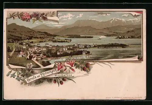 Lithographie Pörtschach, Totalansicht aus der Vogelschau mit Wörthersee