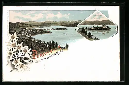 Lithographie Pörtschach a. Wörthersee, Ortsansicht mit Maria Wörth