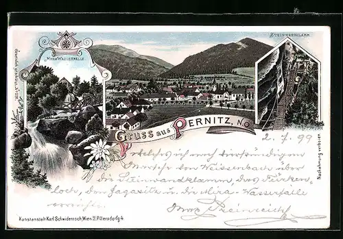 Lithographie Pernitz, Totalansicht mit Steinwandklamm