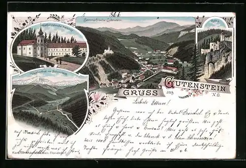 Lithographie Gutenstein, Totalansicht aus der Vogelschau mit Ruine