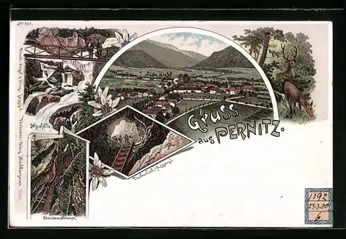 Lithographie Pernitz, Ortsansicht mit Türkenloch