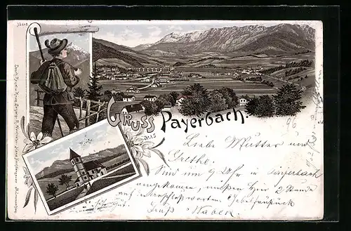 Lithographie Payerbach, Ortsansicht mit Kirche und Wanderer