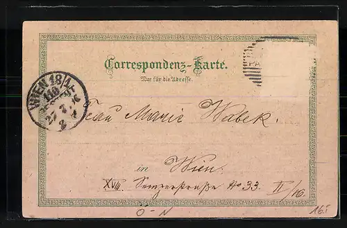 Lithographie Payerbach, Ortsansicht mit Kirche und Wanderer