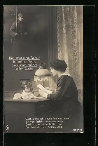 Foto-AK Ehefrau denkt an ihren Schatz an der Front