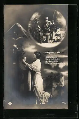 Foto-AK Frau betet für ihren Liebsten an der Front