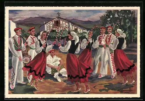 Künstler-AK Charles Homualk: En Parcourant le Pays Basque, Arku Dantza