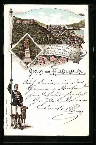 Lithographie Heidelberg, Stadt-Panorama, Scheffel-Denkmal, Student mit Hund