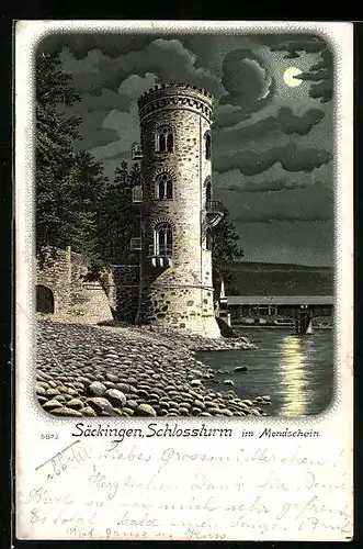 Lithographie Säckingen, Schlossturm im Mondschein