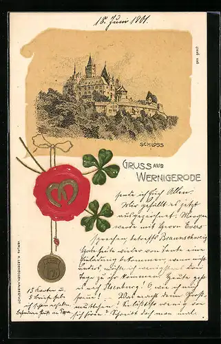 Lithographie Wernigerode, Darstellung vom Schloss, Siegel mit Hufeisen