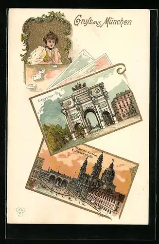 Lithographie München, Siegestor, Theatinerkirche und Feldherrnhalle