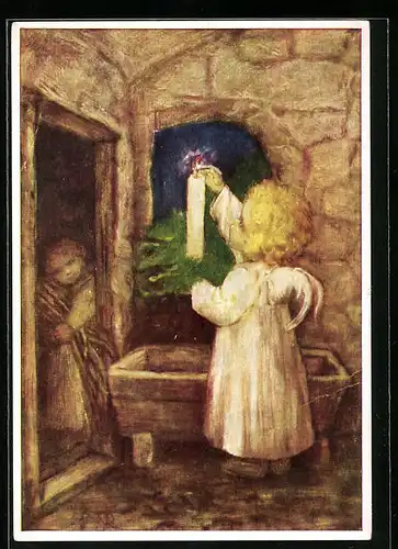 Künstler-AK Maria Spötl: Vorbereitung, Engel entzündet Kerze