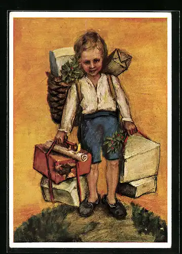 Künstler-AK Maria Spötl: Junge mit Gepäck, Ich bringe Festtagsgrüsse