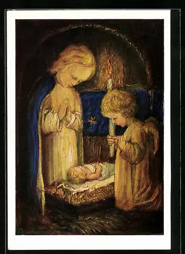 Künstler-AK Maria Spötl: Anbetung, Engel neben der Krippe mit dem Jesusknaben