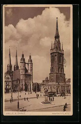 AK Halle a. Saale, Strassenbahn auf dem Marktplatz