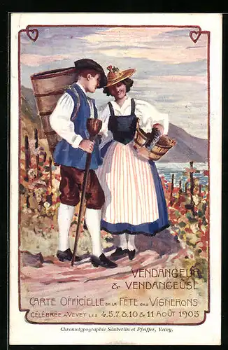 Künstler-AK Vevey, Fêtes des Vignerons 1905, Vendangeur & Vendangeuse