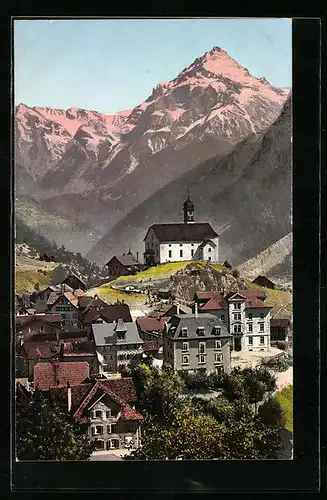 AK Wassen, Ortsansicht und die Windgälle, Gotthardbahn