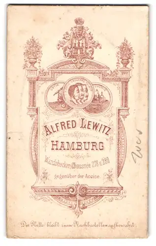 Fotografie Alfred Lewitz, Hamburg, Wandsbecker Chaussee 278 / 280, Stadtwappen Hamburg mit Medaillen und Anschrift
