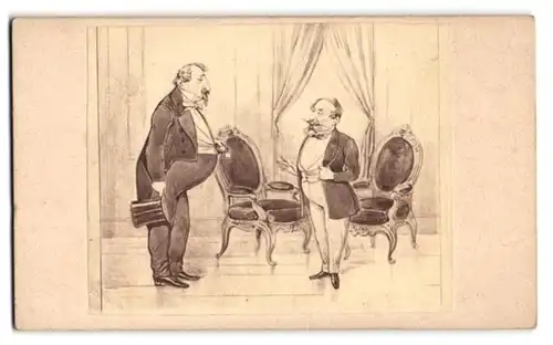 Fotografie P. Kaeser, Wien, Bognergasse 2, Karikatur Napoleon und weiterer Herr im Gespräch, nach Franz Xaver Gaul