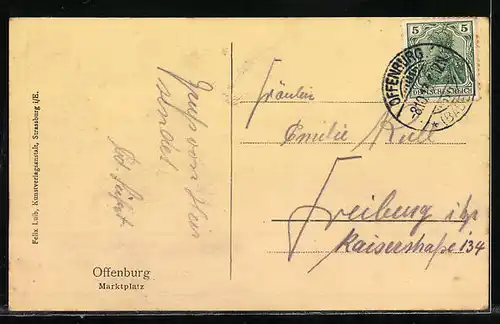 AK Offenburg, Marktplatz mit Geschäften und Denkmälern