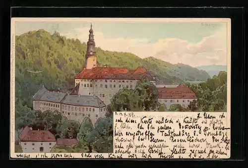 Künstler-AK Meissner & Buch (M&B) Serie IV. Nr. 3: Weesenstein im Müglitztal, Blick zum Schloss