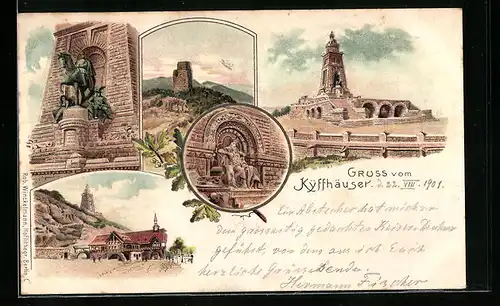 Lithographie Kyffhäuser, Kyffhäuser-Denkmal, Barbarossa, Reiterstandbild