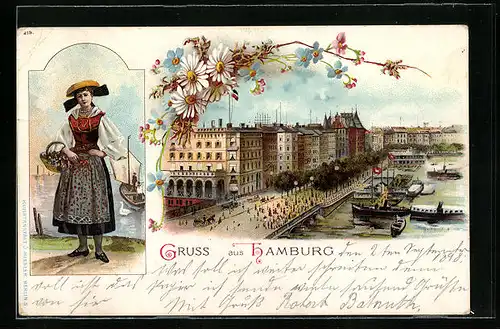 Lithographie Hamburg, Uferpartie mit Dampfern, Frau in Tracht