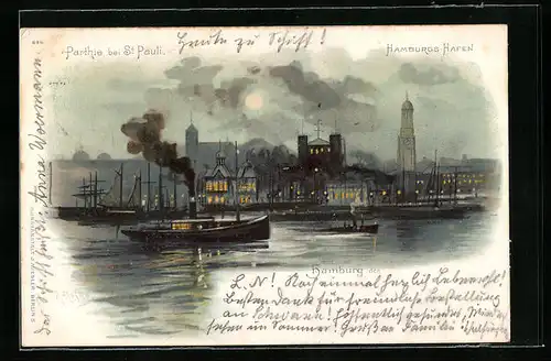 Lithographie Hamburg-St. Pauli, Hafen mit Dampfbooten bei Mondschein