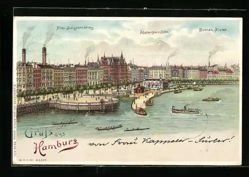 Lithographie Hamburg-Neustadt, Alter Jungfernstieg mit Alsterpavillon und Binnen-Alster