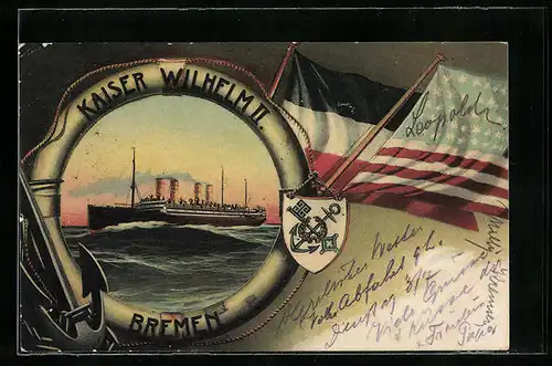 Lithographie Passagierschiff Kaiser Wilhelm II. auf hoher See