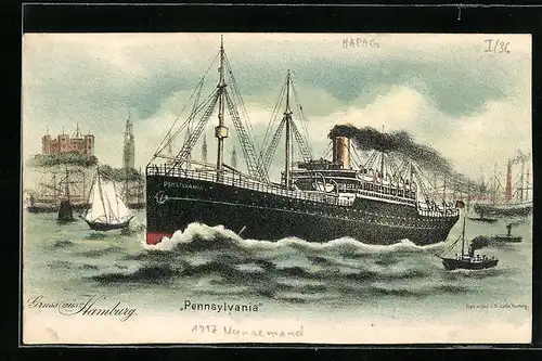 Lithographie Hamburg, Passagierschiff Pennsylvania bei der Hafeneinfahrt