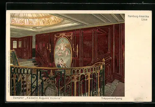 Lithographie Passagierschiff Kaiserin Auguste Victoria der H.-A.-Linie, Innenansicht des Treppenaufgangs