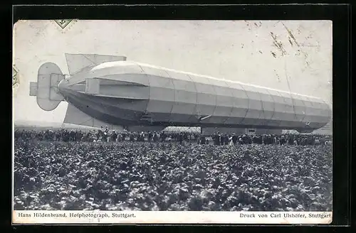 AK Echterdingen, Rückansicht des Zeppelins nach der Landung am 5. August 1908