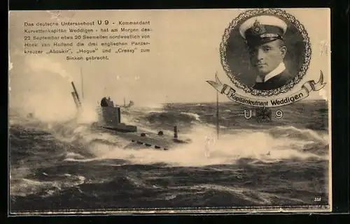 AK Das Deutsche U-Boot U9 mit Portrait des Kapitänleutnanten Otto von Weddigen