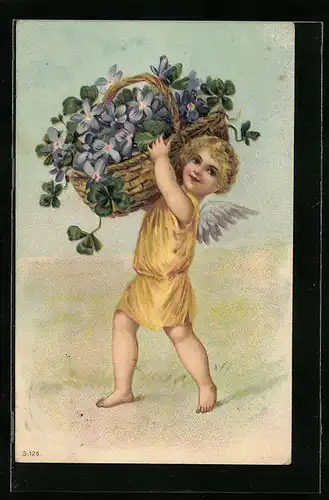 Präge-AK Engel mit Veilchen und Kleeblättern im Korb