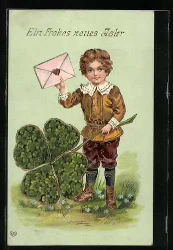 Präge-AK Junge mit Kleeblättern zu Neujahr